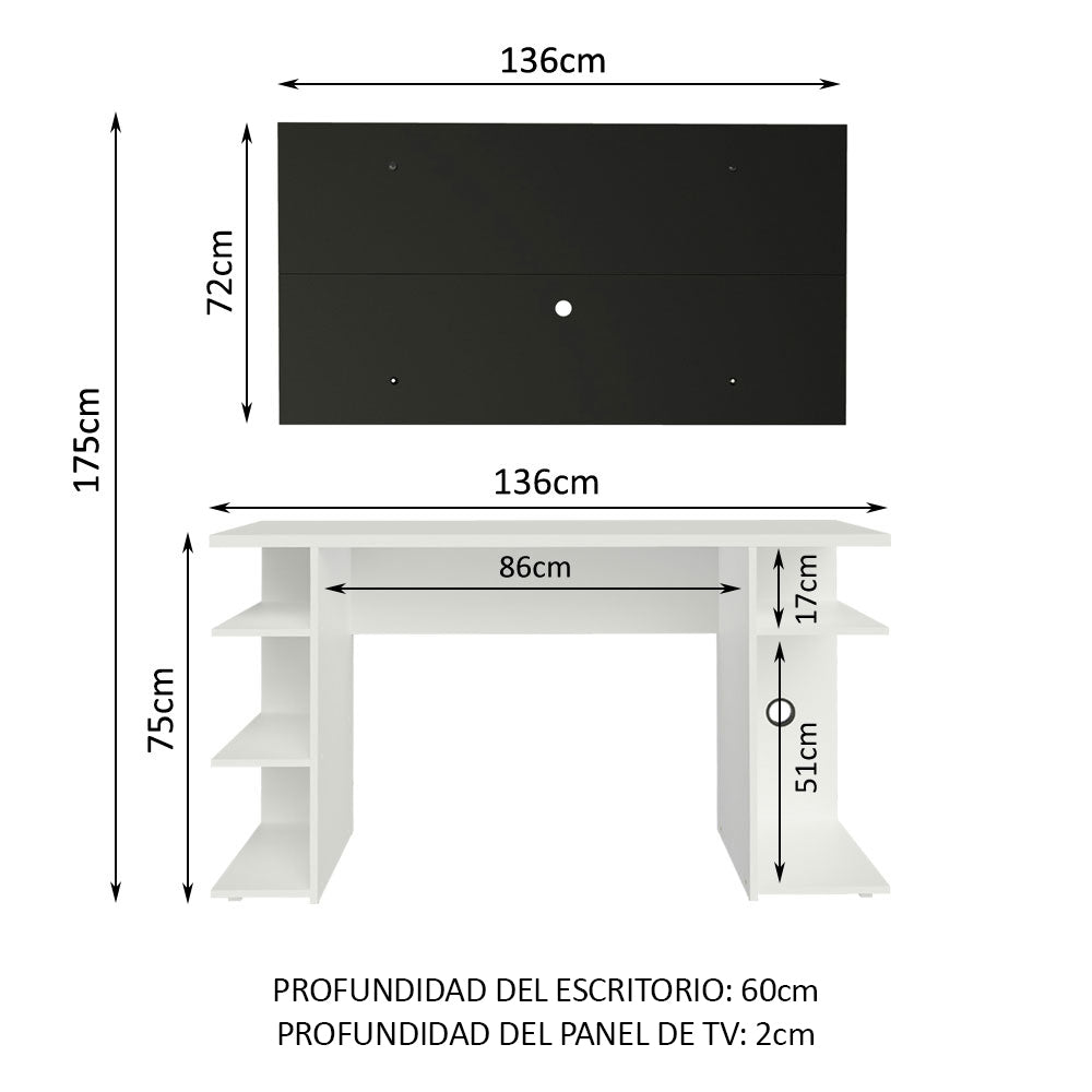 Escritorio Gamer Madesa 9409 con Panel para TV hasta 50 Pulgadas Blanco/Negro