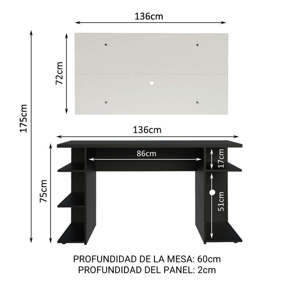 Escritorio Gamer Madesa 9409 e Panel para TV hasta 50 Pulgadas Negro/Blanco