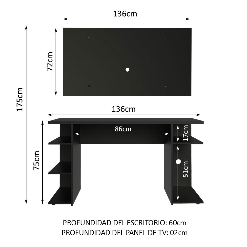 Escritorio Gamer Madesa 9409 con Panel para TV hasta 50 Pulgadas Negro