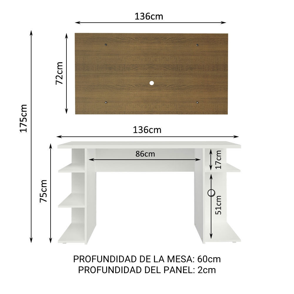 Escritorio Gamer Moderno Madesa + Panel para TV Hasta 50 Pulgadas Blanco/Marrón