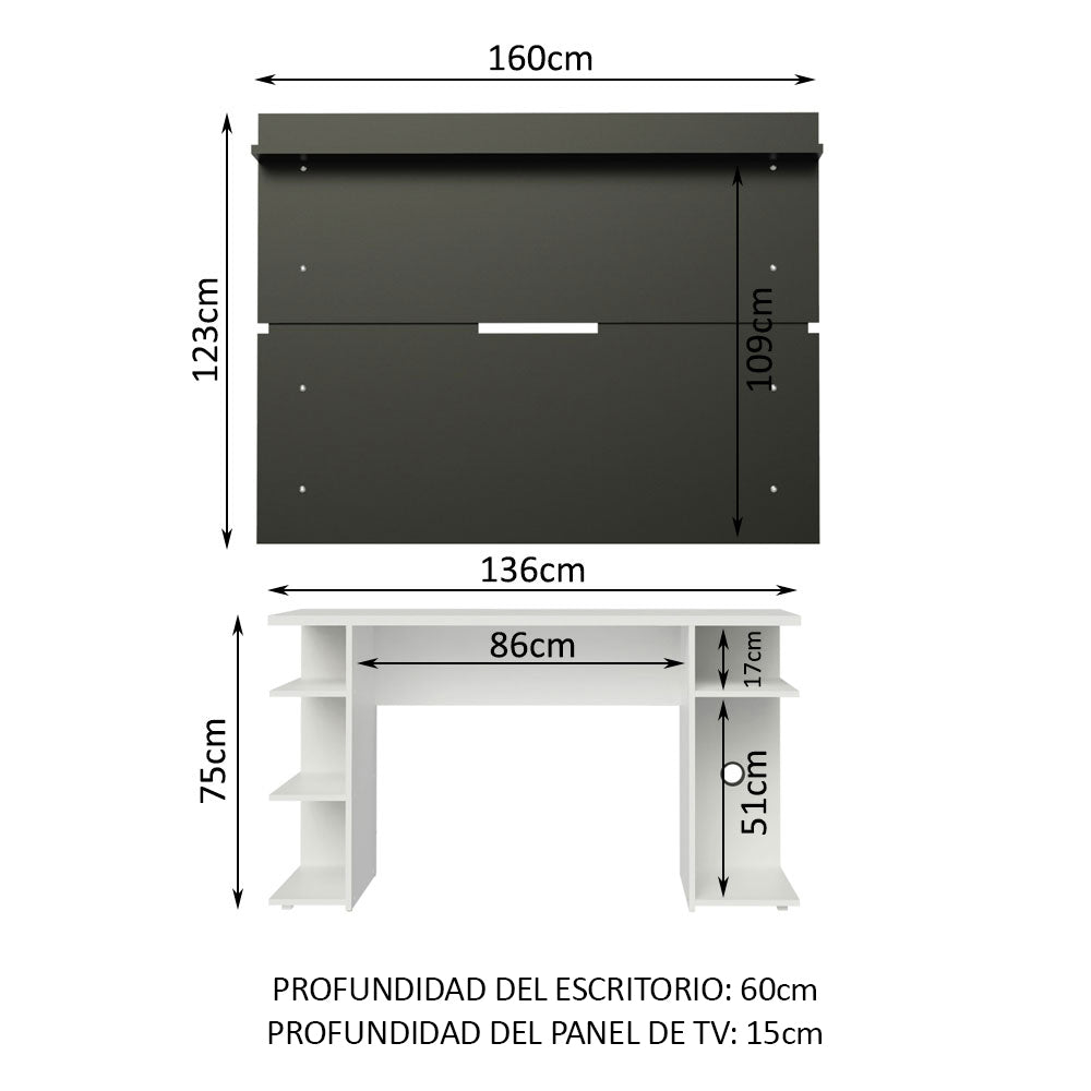 Escritorio Gamer Madesa 9409 con Panel para TV hasta 65 Pulgadas Blanco/Negro