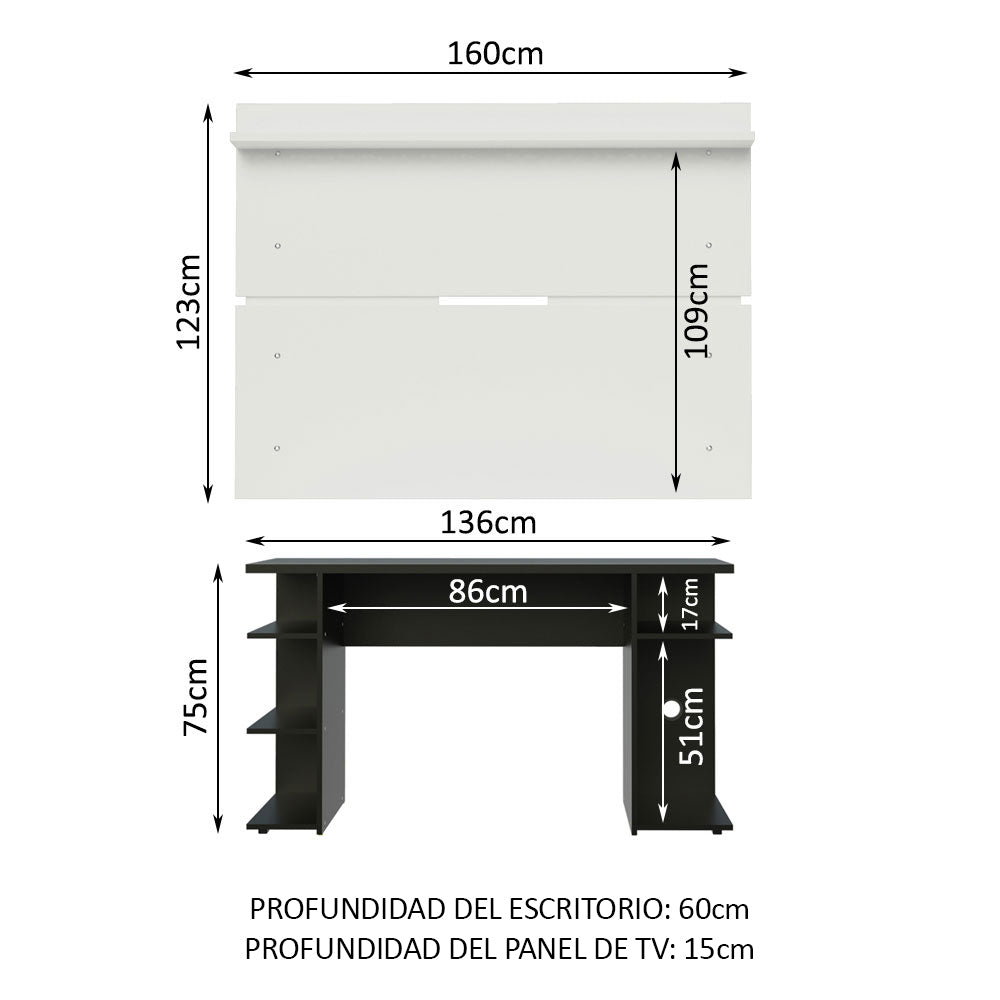 Escritorio Gamer Madesa 9409 con Panel para TV hasta 65 Pulgadas Negro/Blanco