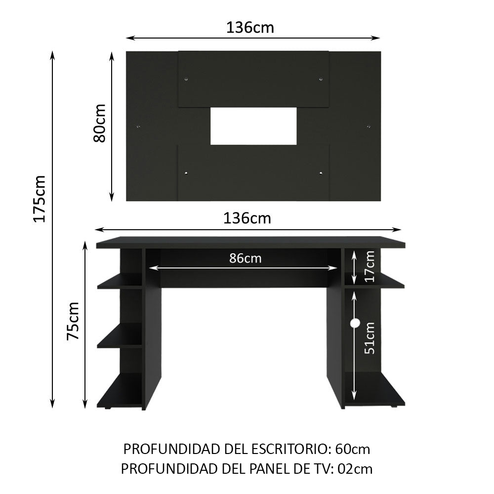 Escritorio Gamer Madesa 9409 con Panel para TV hasta 58 Pulgadas Negro