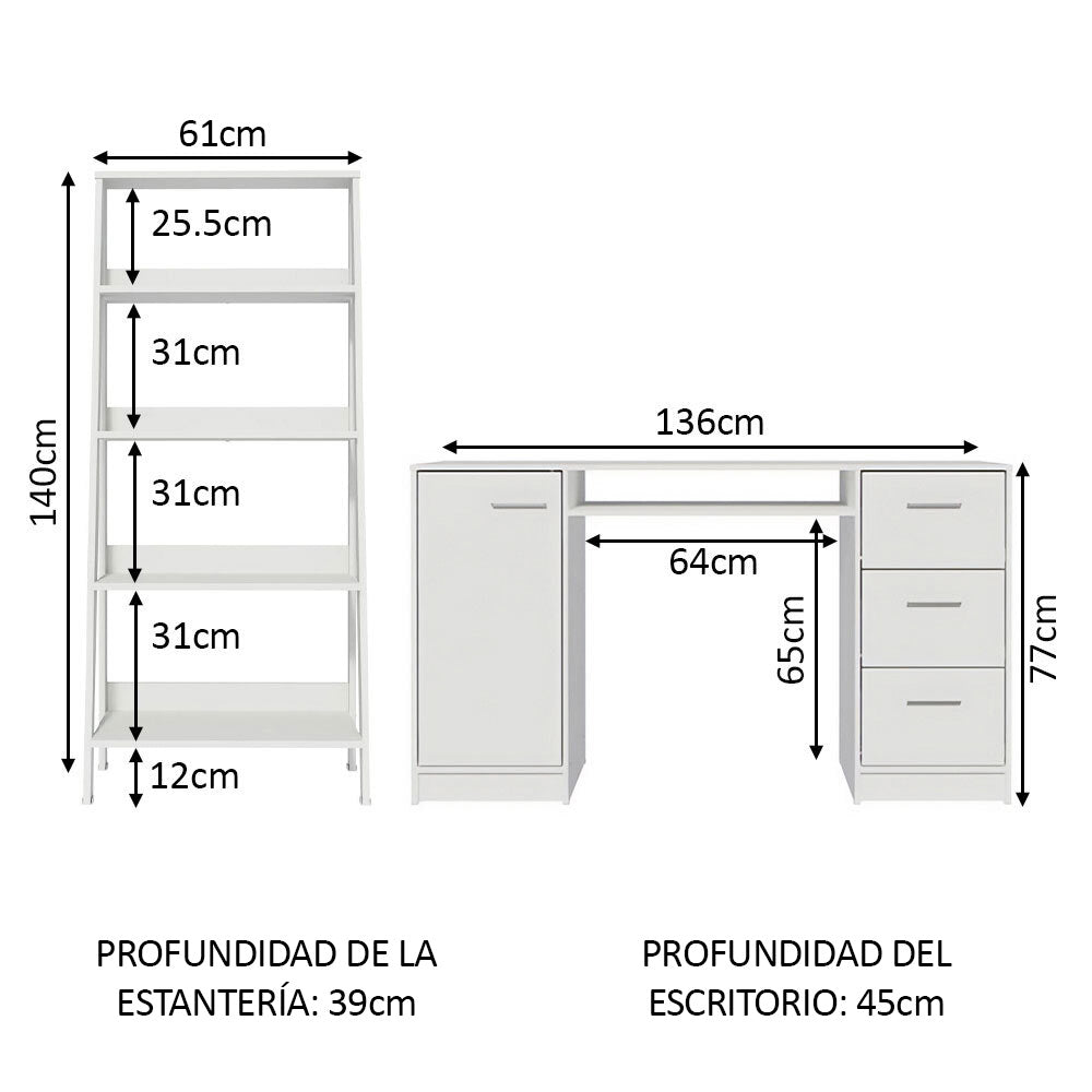 Escritorio Alaska + Estantería Escalera Blanca