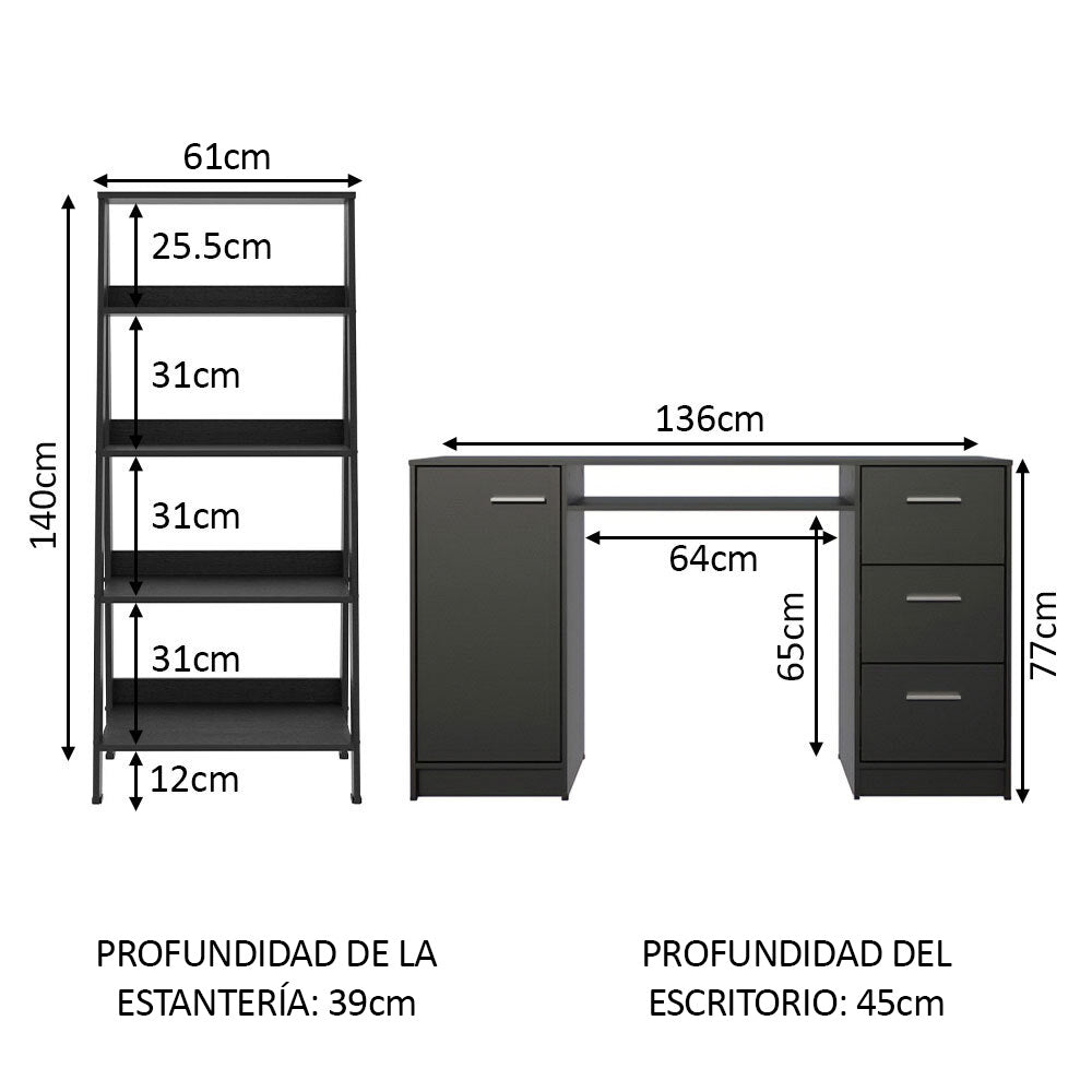 Escritorio Alaska + Estantería Escalera Negro