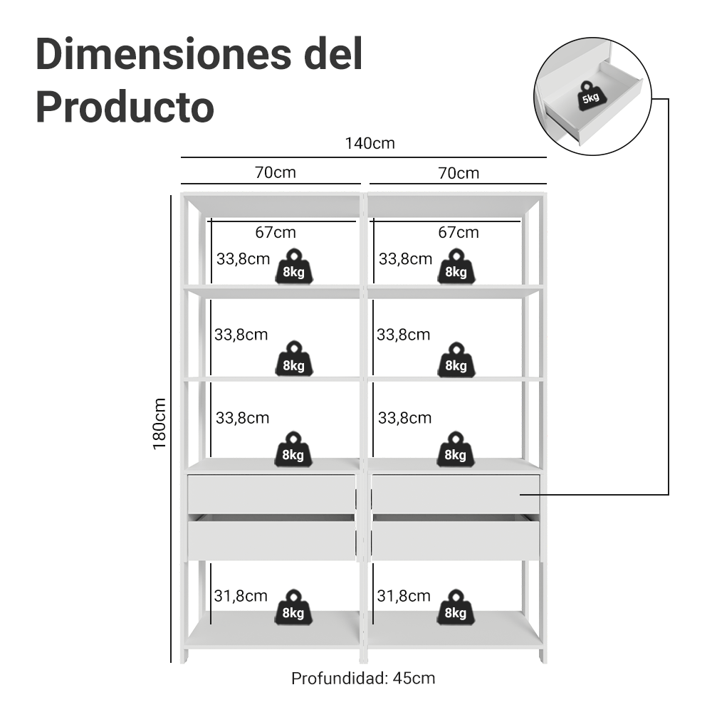 Estante Mueble Multiuso para Livros 4 Cajones 8 Repisas 140cm Blanco Madesa
