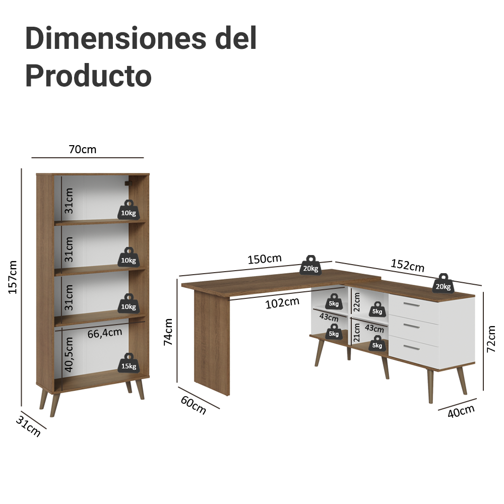 Kit Escritorio Esquinero 3 Cajones y Vitrina Multiuso Blanco/Marrón Madesa