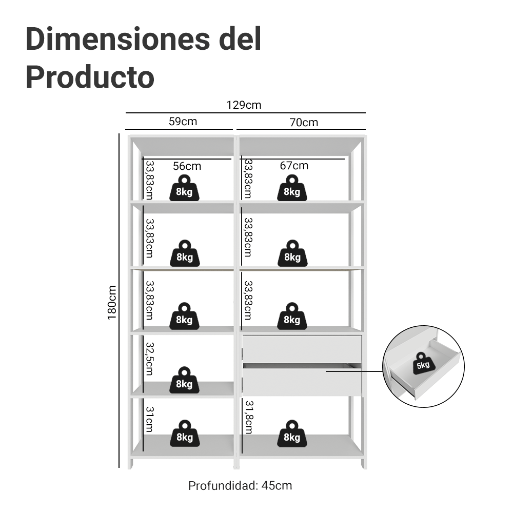 Estantería multiusos para oficina, 129 cm, 9 estantes, 2 cajones, color Blanco