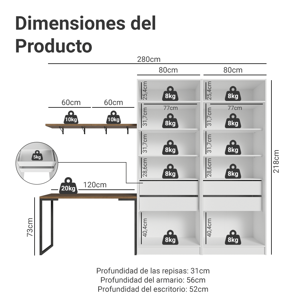 Combo Home Office Madesa Neo con 2 Armarios, Escritorio y 2 Estantes Blanco/Marrón