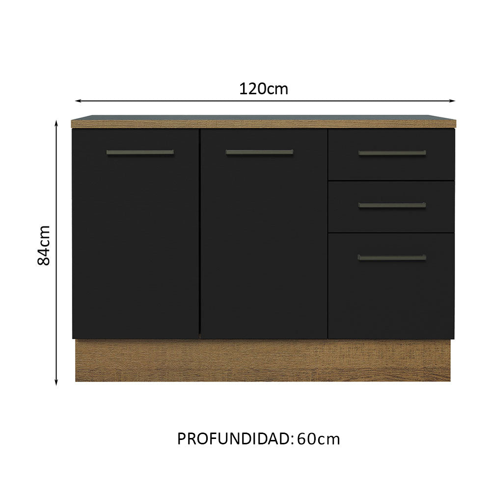 Bajo Mesada Multiuso 120cm 2 Puertas 3 Cajones Marrón/Negro Agata Madesa