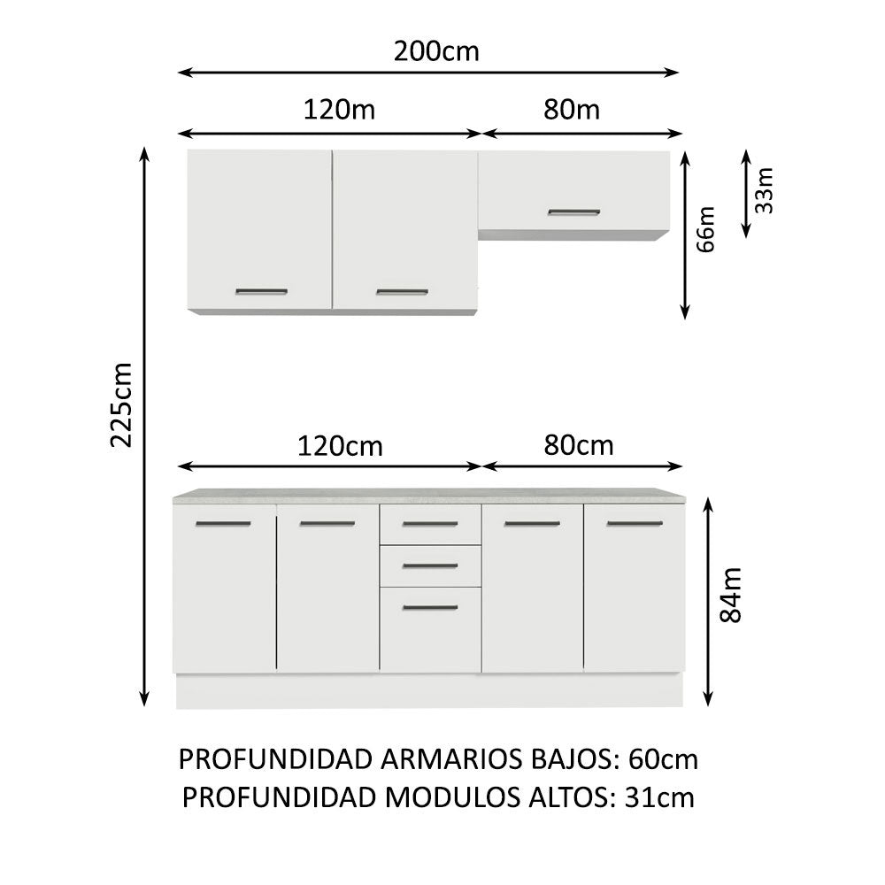 Kit con 2 Gabinetes Bajos y 2 Gabinetes superiores 200cm Blanco Agata