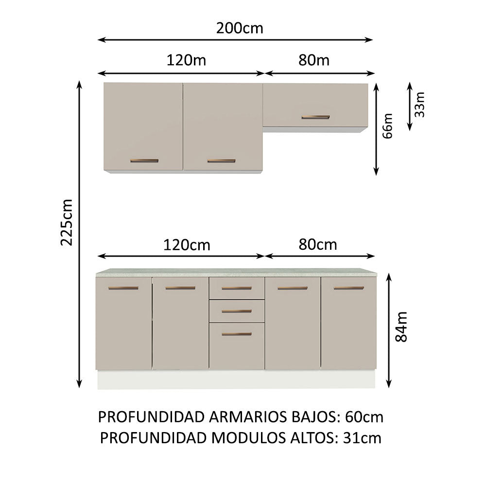 Kit con 2 Gabinetes Bajos y 2 Gabinetes superiores 200cm Blanco/Crema Agata
