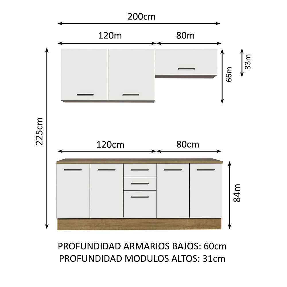 Kit con 2 Gabinetes Bajos y 2 Gabinetes superiores 200cm Marrón/Blanco Agata
