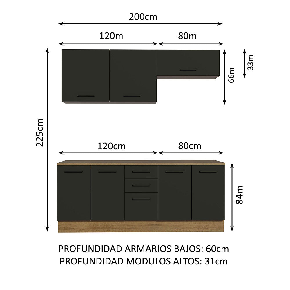 Kit con 2 Bajo mesada e 2 Alacena Multiuso 200cm Marrón/Negro Agata Madesa