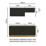 Kit con 2 Bajo mesada e 2 Alacena Multiuso 200cm Marrón/Negro Agata Madesa
