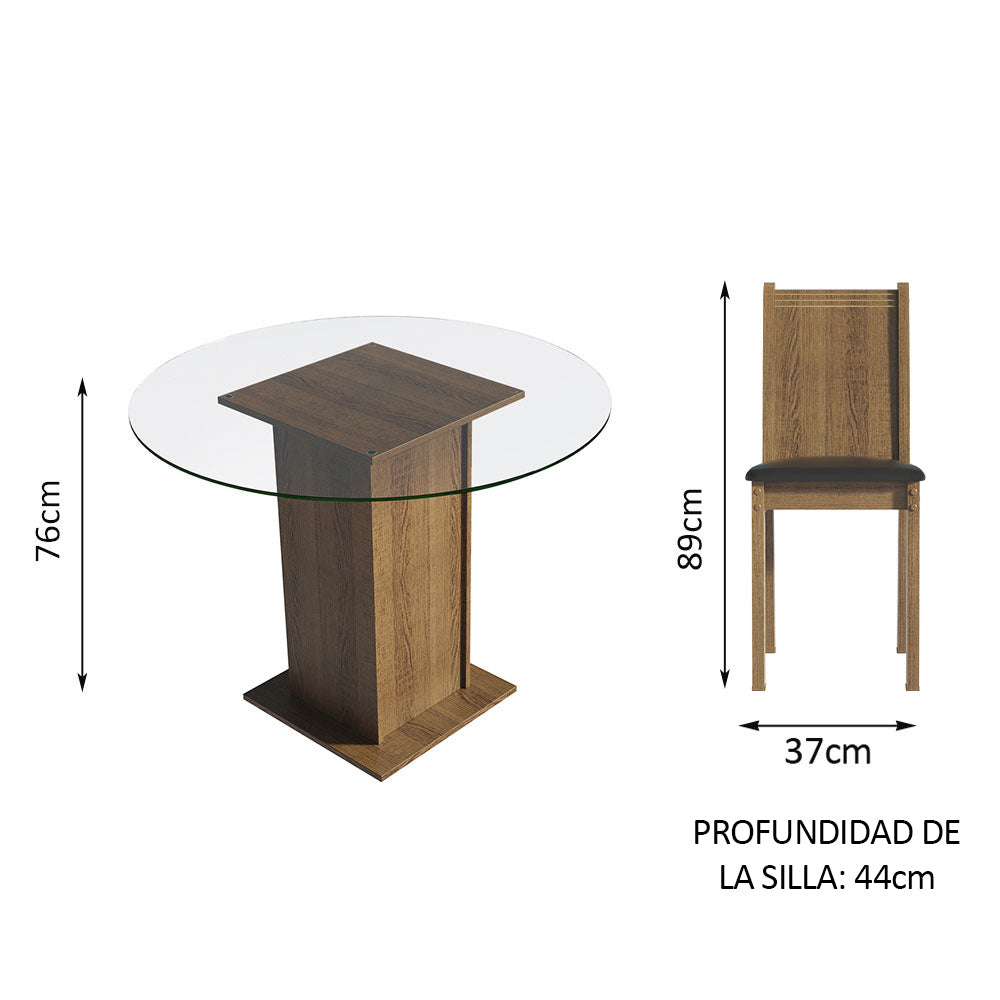 Juego de Comedor Madesa Débora con 4 Sillas - Tapa Redonda de Cristal Marrón/Negro