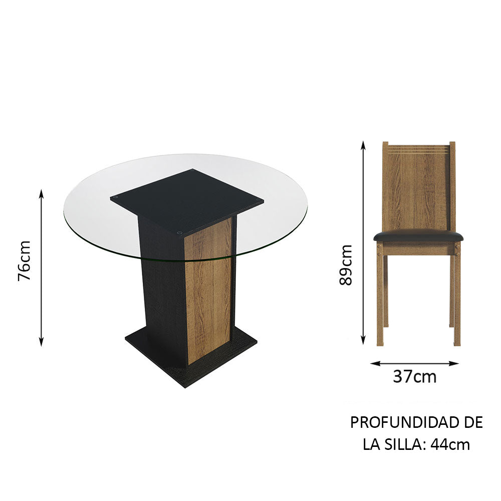 Juego de Comedor Madesa Débora Mesa Tapa de Vidrio Redondo 4 Sillas Negro/Marrón