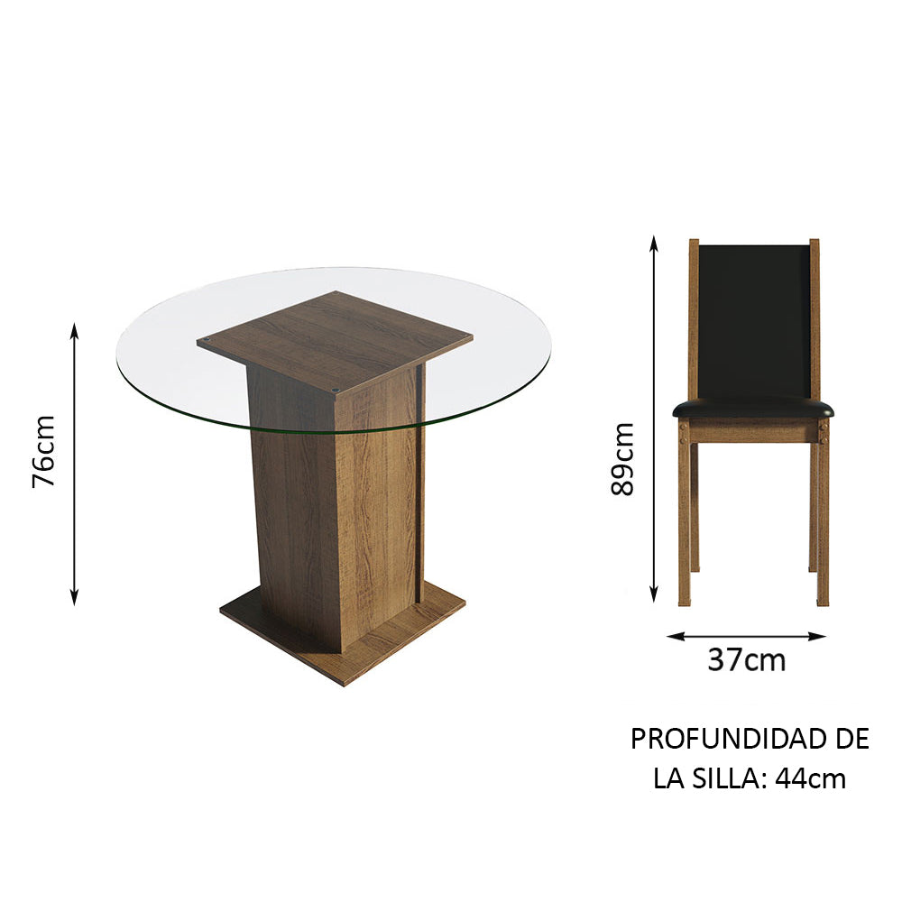 Juego de Comedor Madesa Nanda Mesa Tapa de Vidrio Redondo 4 Sillas Marrón/Negro
