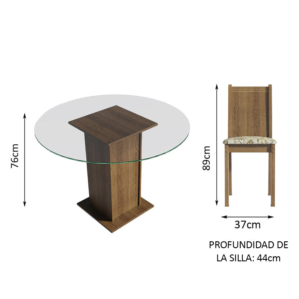 Juego de Comedor Madesa Paula Mesa Tapa de Vidrio Redondo 4 Sillas Marrón/Lírio Beige