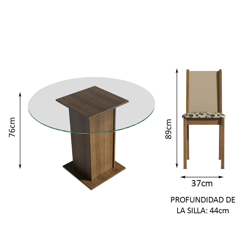 Juego de Comedor Madesa Madu Mesa Tapa de Vidrio Redondo 4 Sillas Marrón/Crema/Beige Marrón