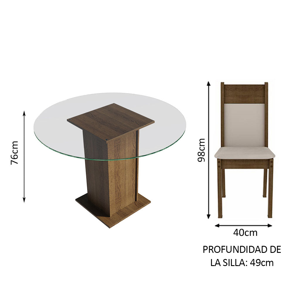 Juego de Comedor Madesa Ana Mesa Tapa de Vidrio Redondo 4 Sillas Marrón/Crema/Beige