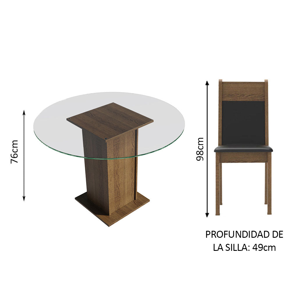 Juego de Comedor Madesa Ana Mesa Tapa de Vidrio Redondo 4 Sillas Marrón/Negro