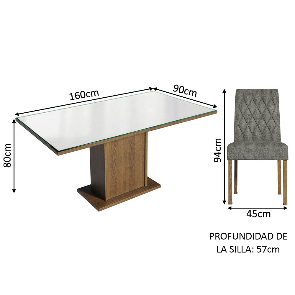 Juego Comedor Mesa con Tapa de Vidrio 4 Sillas Marrón/Blanco/Gamuza Silver Marilia Madesa