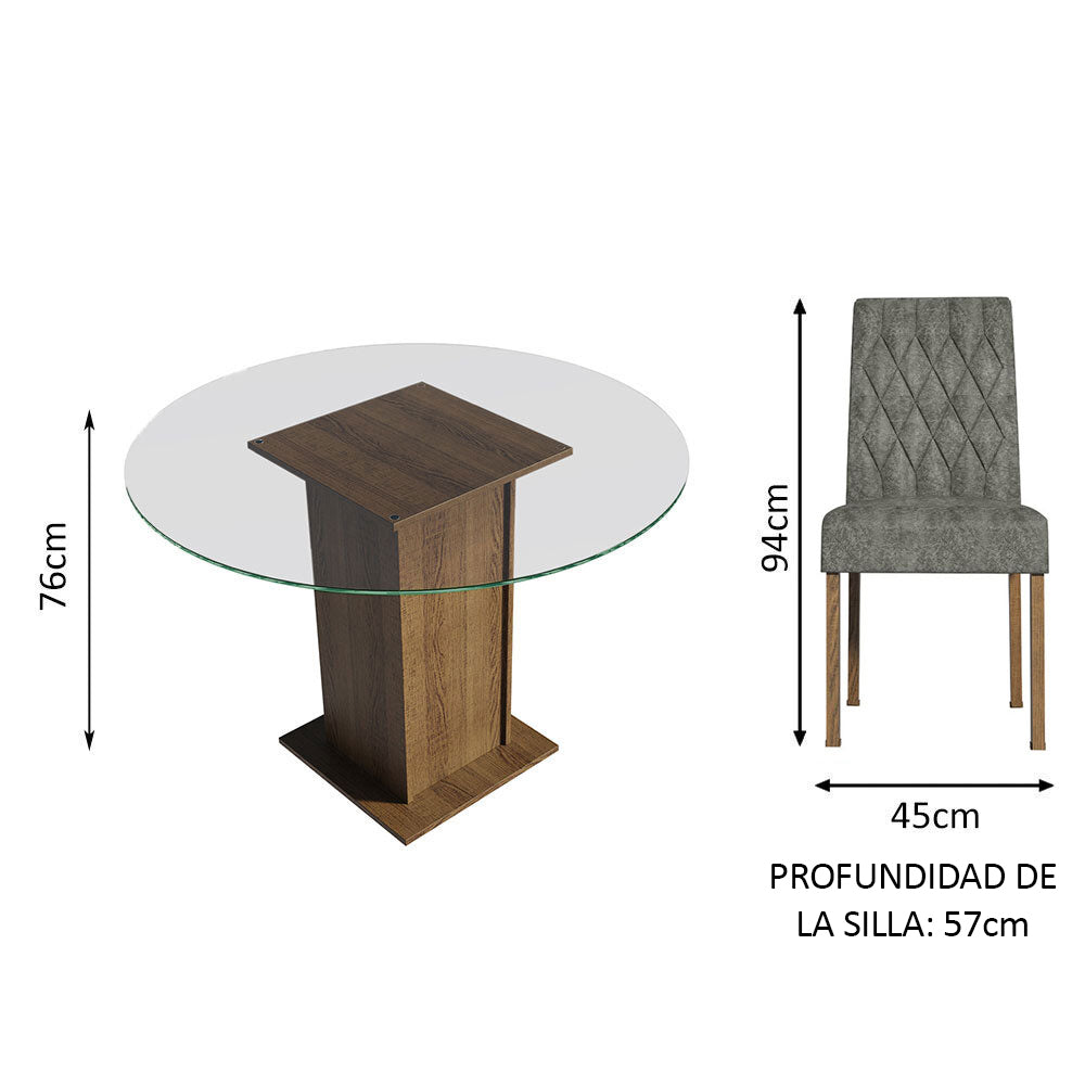 Juego Comedor Mesa con Tapa de Vidrio Redondo 4 Sillas Marrón/Gamuza Silver Irene Madesa