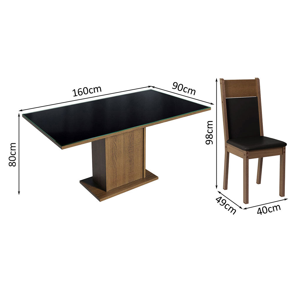 Juego de Comedor Mesa con Tapa de Vidrio 4 Sillas Negro/Marrón Greta Madesa