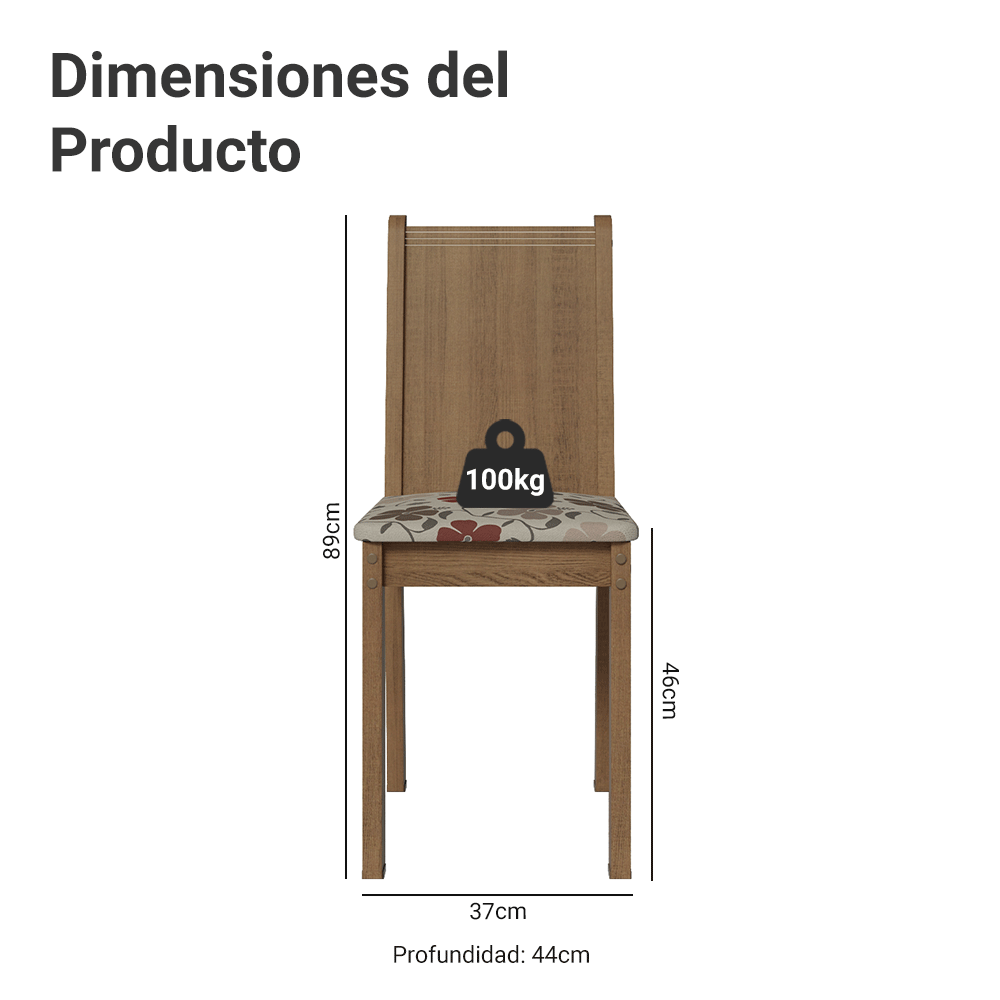 Juego de Comedor Mesa Tapa de Madera 4 Sillas Marrón/Gris/Floral Hibiscos Samara Madesa