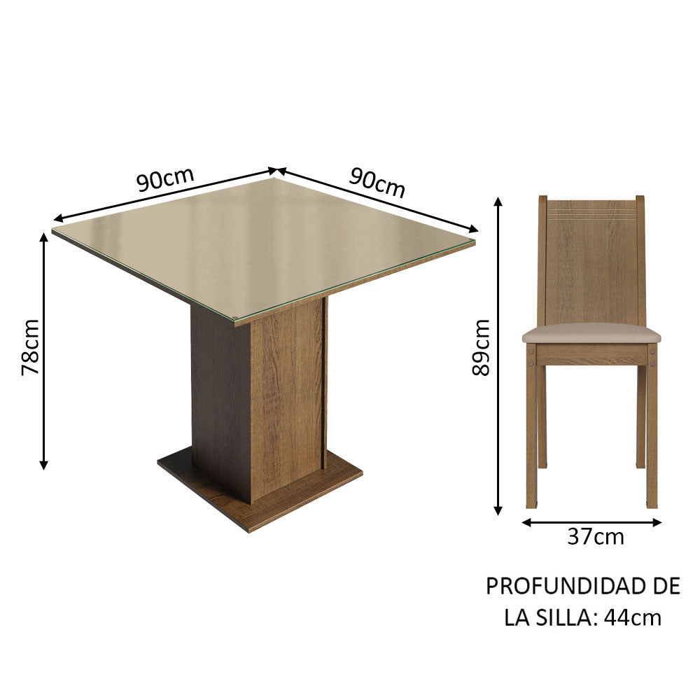 Juego de Comedor Mesa con Tapa de Cristal 4 Sillas Marrón/Crema/Sintético Beige Perla Madesa