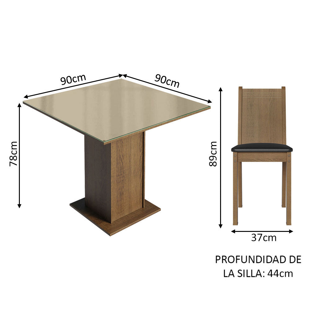 Juego de Comedor Mesa con Tapa de Vidrio 4 Sillas Marrón/Crema/Negro Perla Madesa