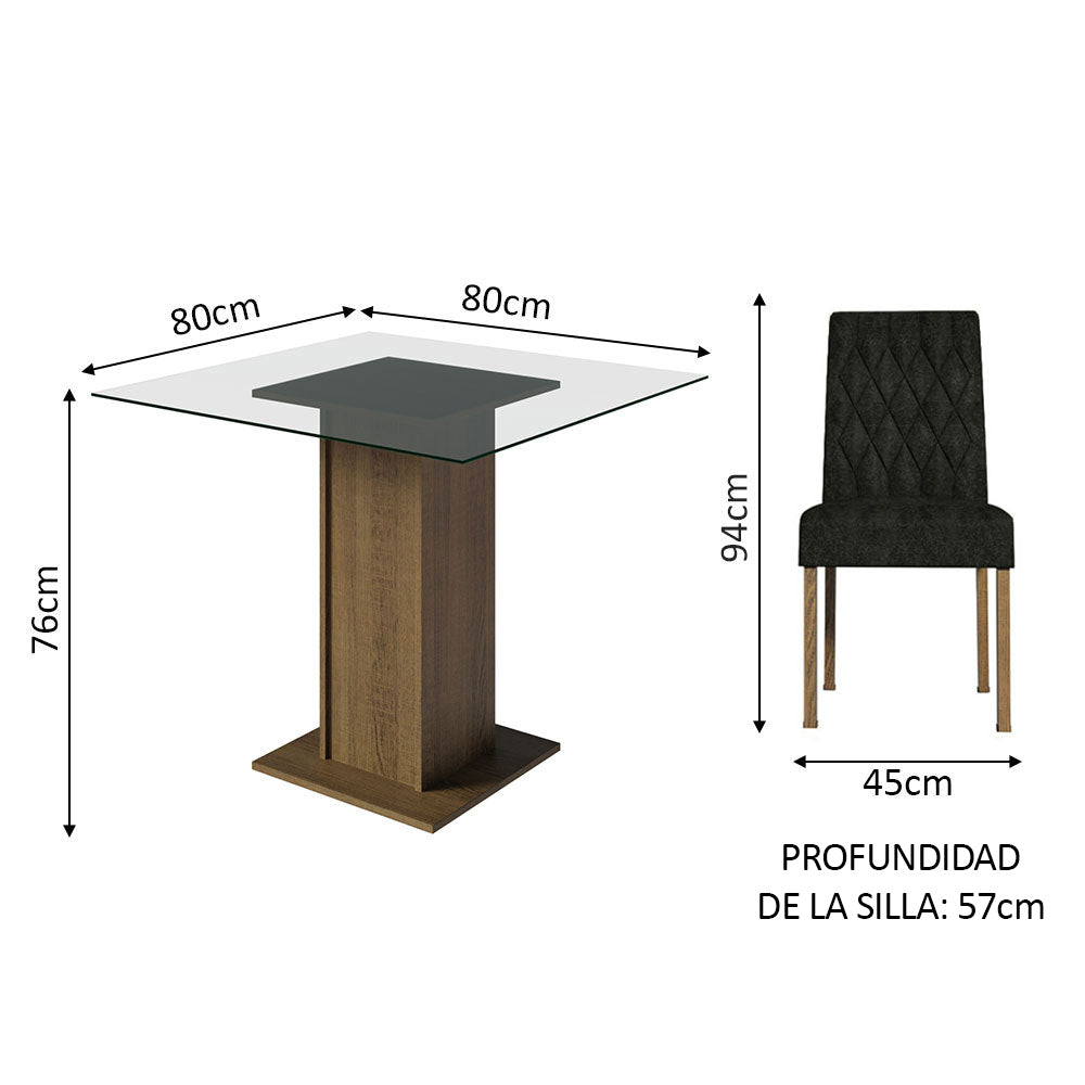 Juego de Comedor Noemi Mesa Cuadrada Tapa de Vidrio con 4 Sillas Oxford 05 Marrón Madesa