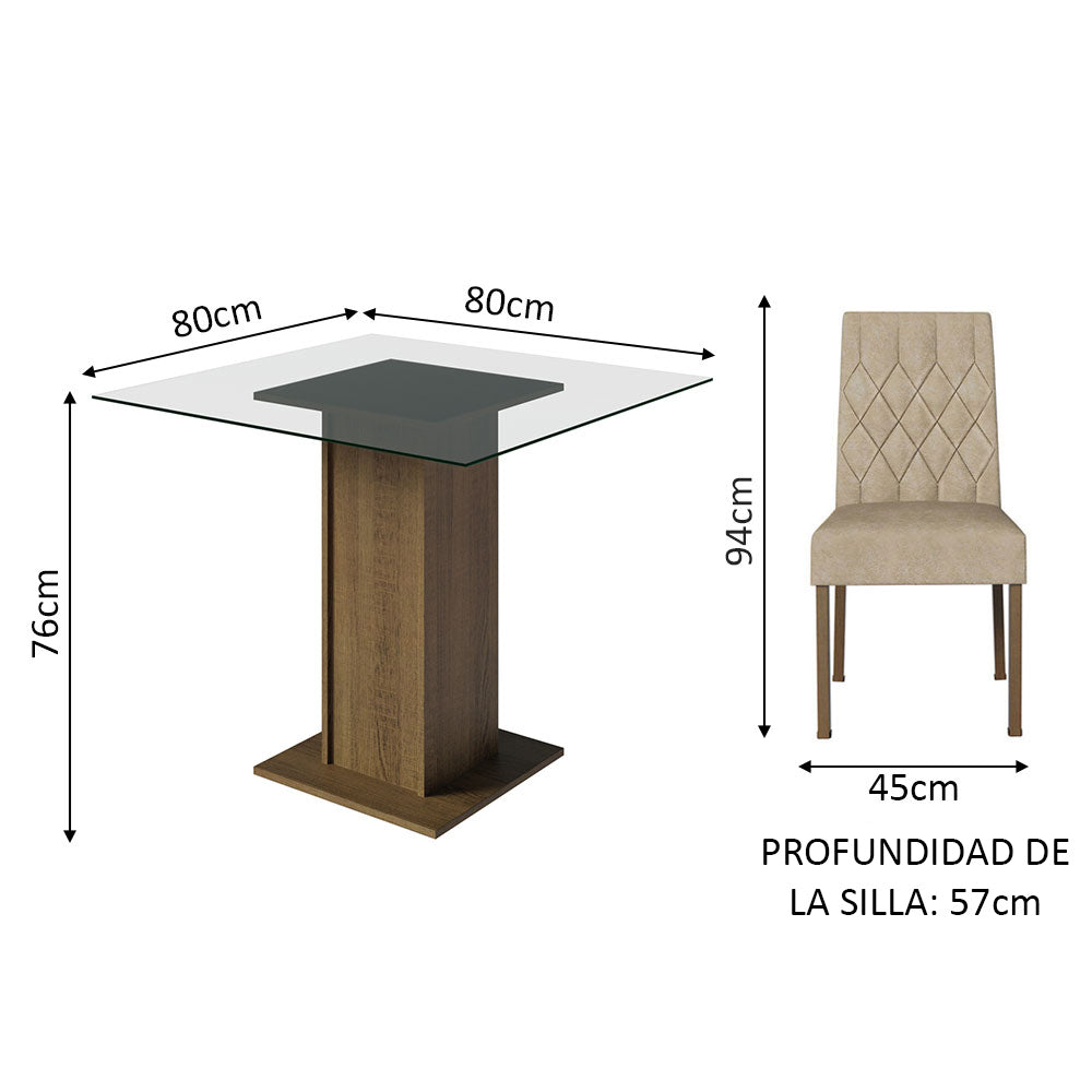 Juego de Comedor Noemi Mesa Cuadrada Tapa de Vidrio con 4 Sillas MI Madesa