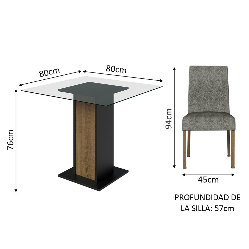 Juego de Comedor Mesa Tapa de Vidrio 4 Sillas Marrón/Negro/Silver Ivy Madesa