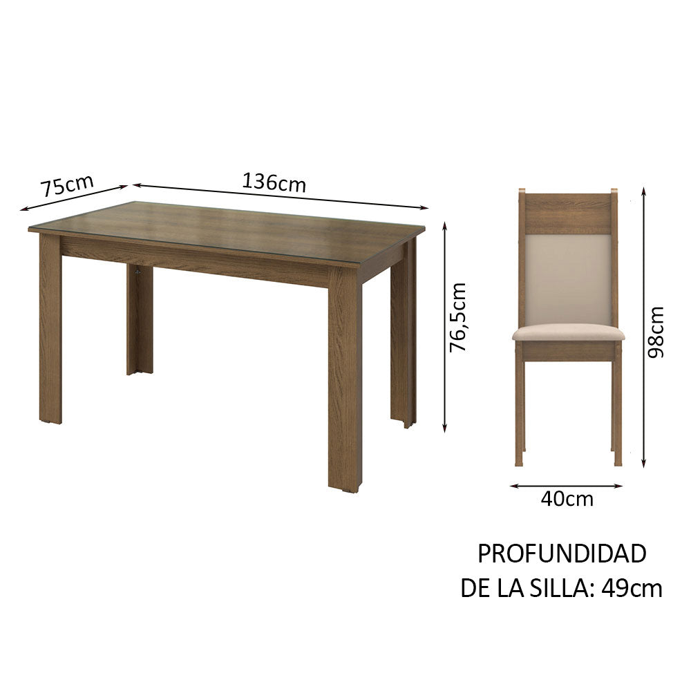 Juego de Comedor Eloá Mesa Rectangular Tapa de Vidrio con 4 Sillas Marrón/Crema/Beige Madesa