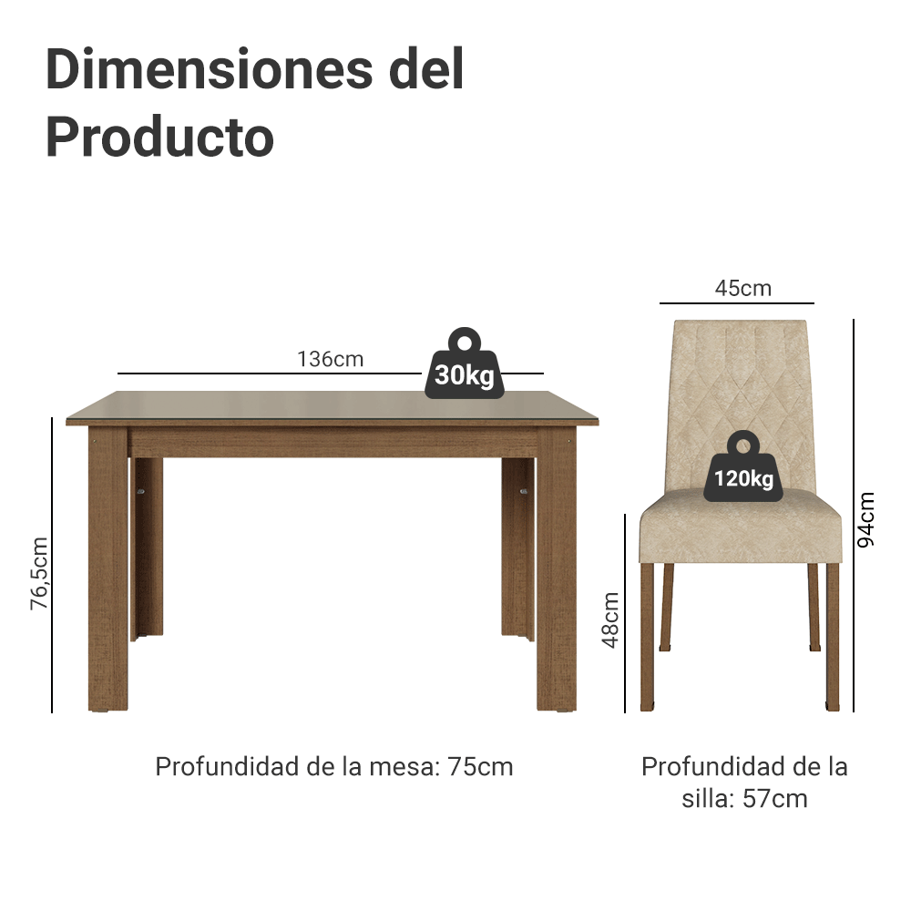 Juego Comedor Vanilla Mesa Tapa de Vidrio 4 Sillas Marrón/Crema/Gamuza Imperial Madesa