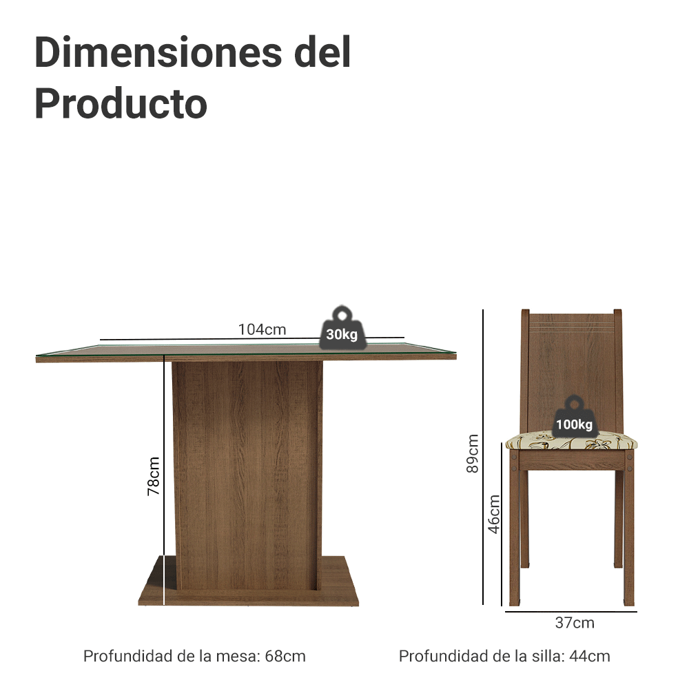 Conjunto Comedor Mesa Mesada de Vidro 4 Sillas Marrón/Lí­rio Bege Camélia Madesa