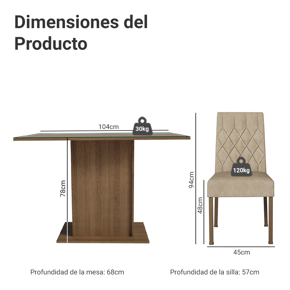 Juego de Comedor con Vidrio Sobrepuesto 4 Sillas Marrón/Imperial Reale Madesa