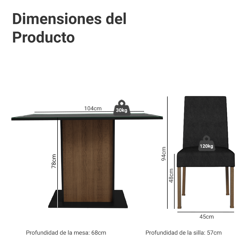 Juego de Comedor con Vidrio Sobrepuesto 4 Sillas Marrón/Negro/Oxford Zion Madesa