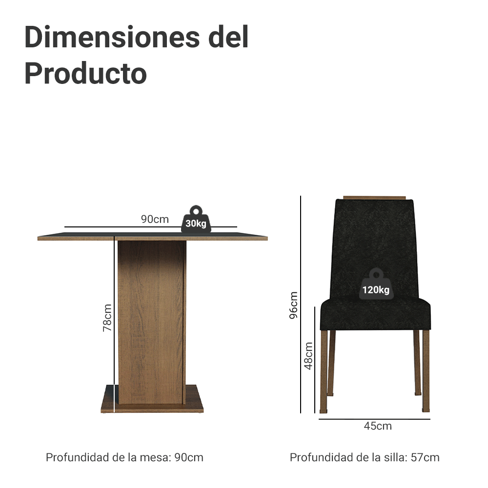Juego de Comedor Mesada de Madera 4 Sillas Aspen Marrón/Negro/Oxford