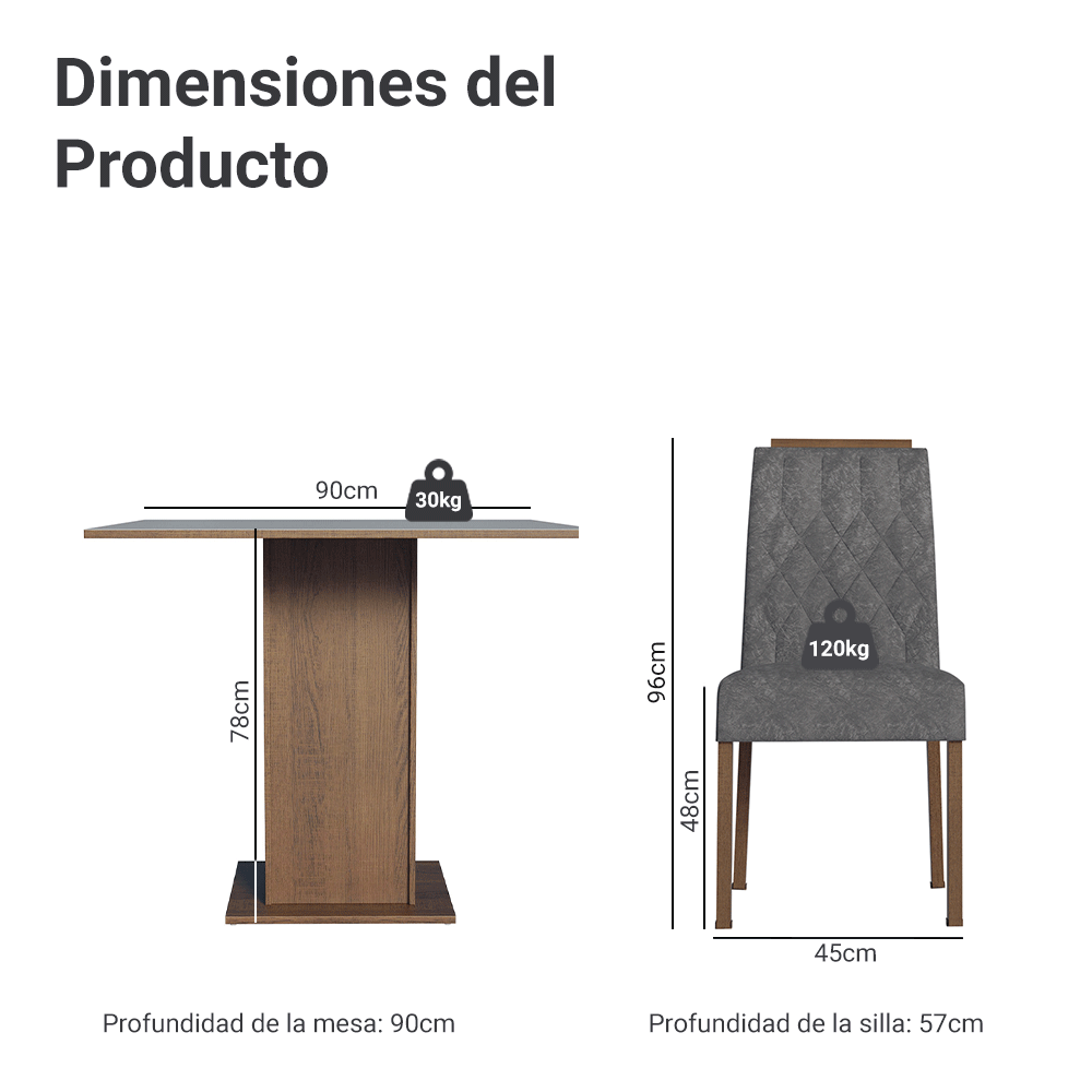 Juego de Comedor Mesada de Madera 4 Sillas Cannes Marrón/Gris/Silver