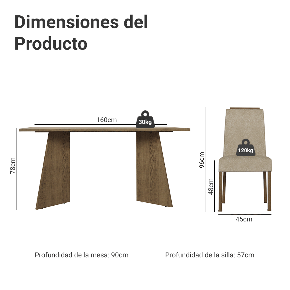 Juego de Comedor Mesada de Madera 4 Sillas Évora Marrón/Crema/Imperial