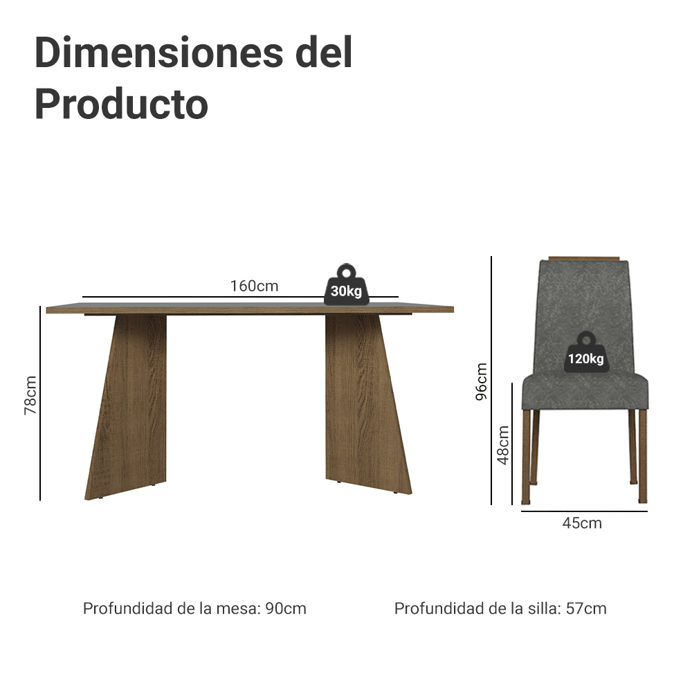 Juego de Comedor Mesada de Madera 4 Sillas Évora Marrón/Gris/Silver