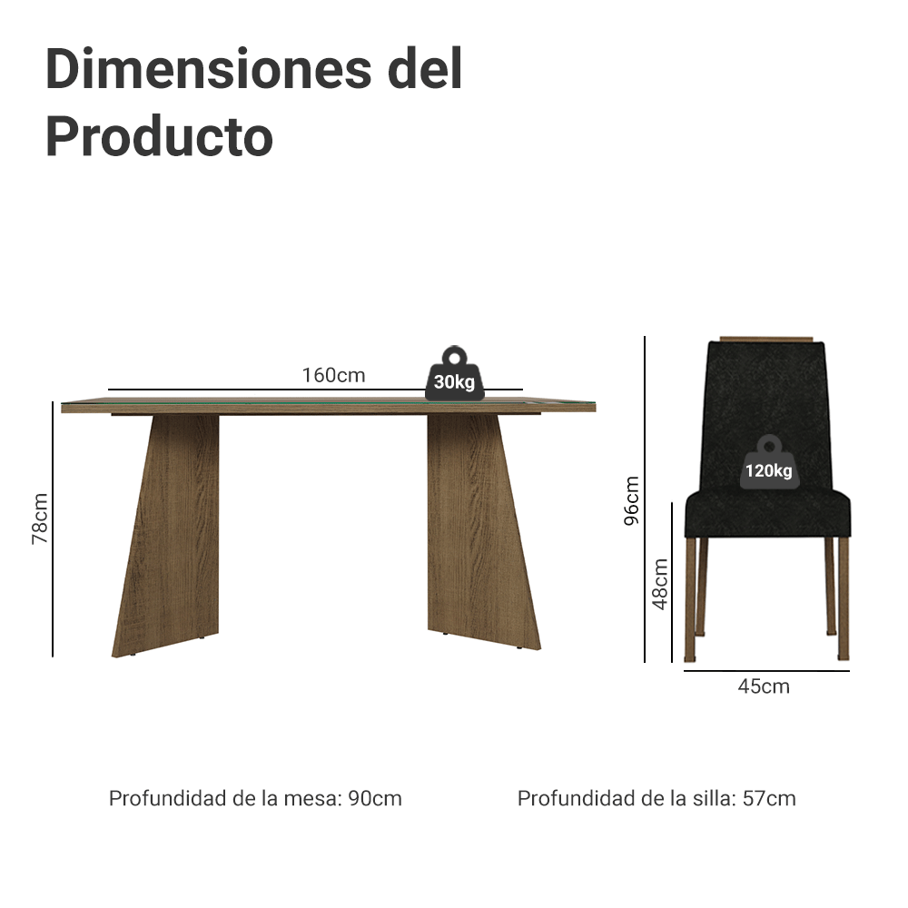 Juego de Comedor Mesada de Vidrio 4 Sillas Braga Marrón/Oxford