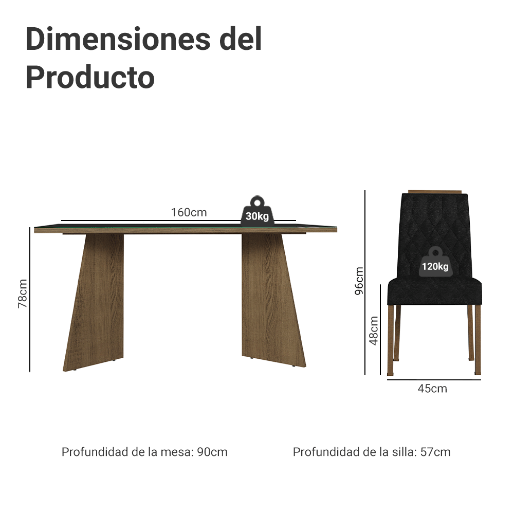Juego de Comedor Mesada de Vidrio 4 Sillas Porto Marrón/Negro/Oxford