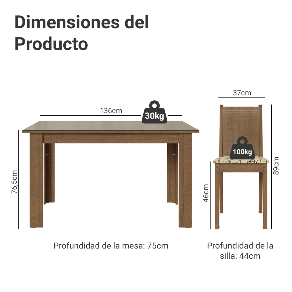 Juego de Comedor Mesa Tapa de Vidrio 4 Sillas Marrón/Crema/Lirio Beige Madesa