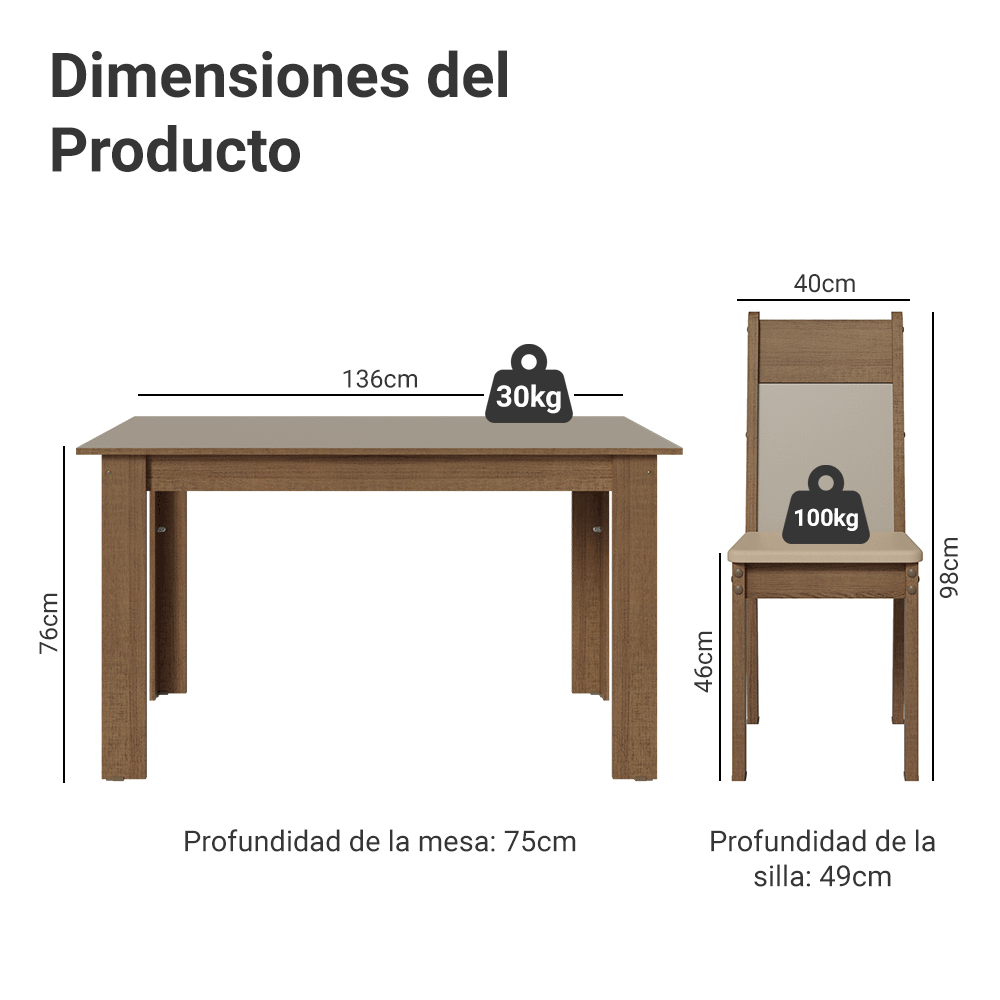 Juego de Comedor Mesa con Tapa de Madera 4 Sillas Marrón/Crema/Sintético Beige Madesa