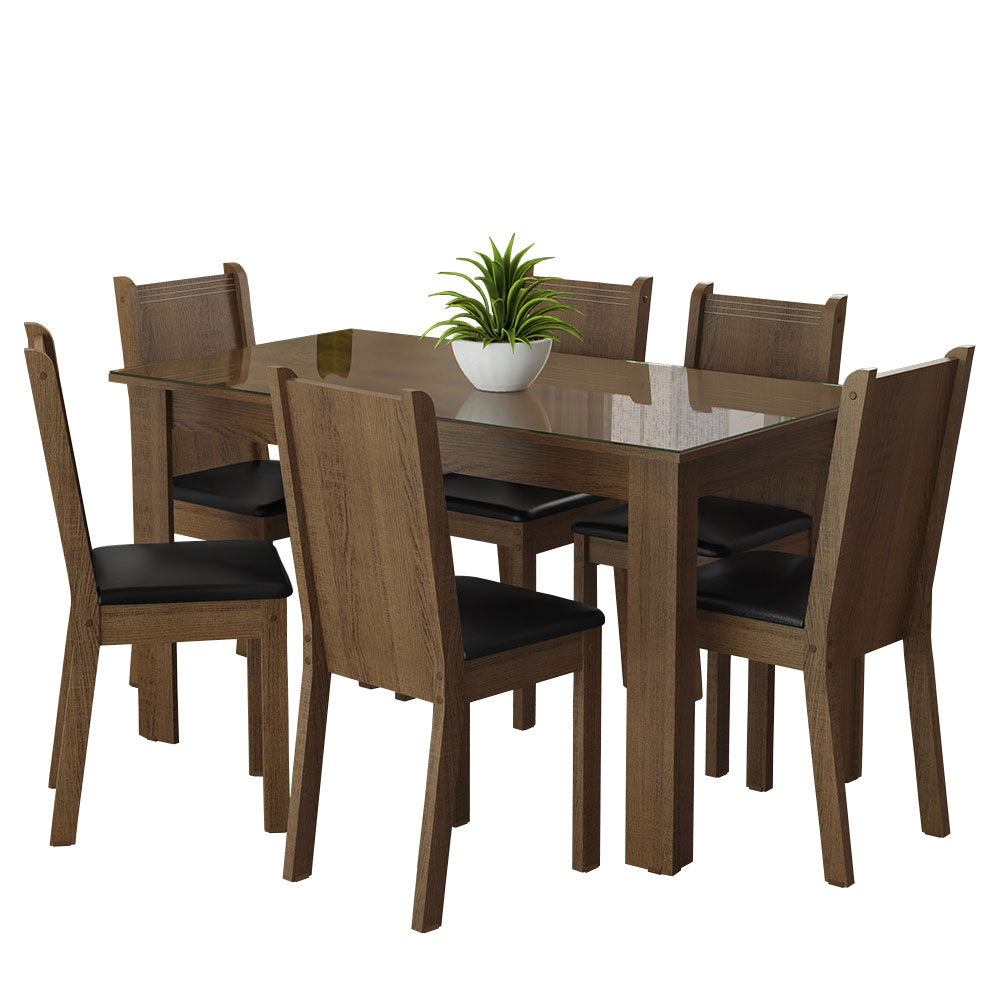 Juego de Comedor Mesa Tapa de Vidrio 6 Sillas Marrón/Sintético Negro Isla Madesa