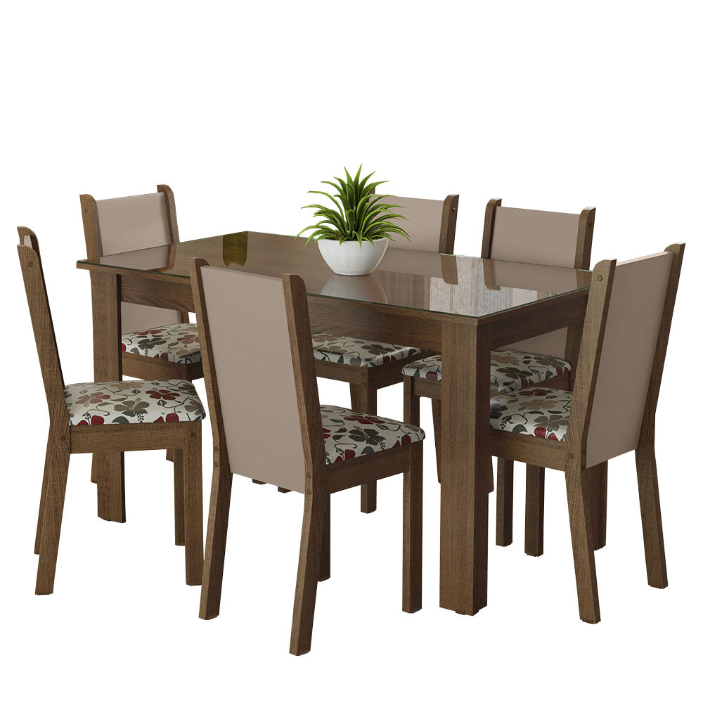 Juego de Comedor Mesa Tapa de Vidrio 6 Sillas Marrón/Crema/Hibiscos Heloísa Madesa